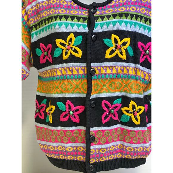 LizWear Vintage 1990's Knit Cotton Floral Embroidered Short Sleeve Cardigan-S - Picture 5 of 11